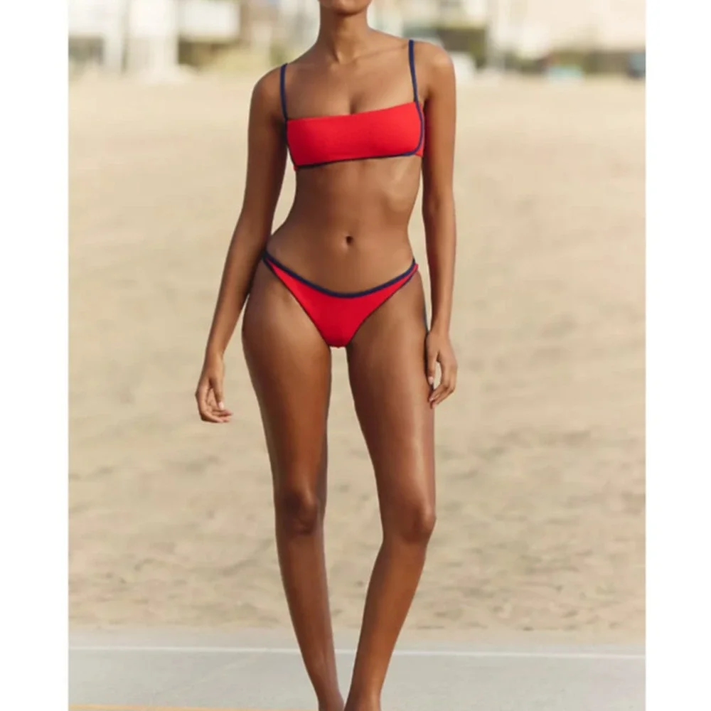 L Space Women's XS Red Navy Suzi Ribbed Swim Beach Resort Bikini Bottom F8-26
